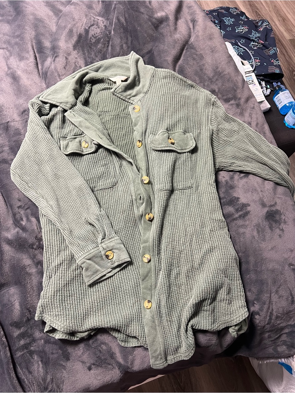 Terra & Sky Olive Green Waffle Knit Button-Front Jacket